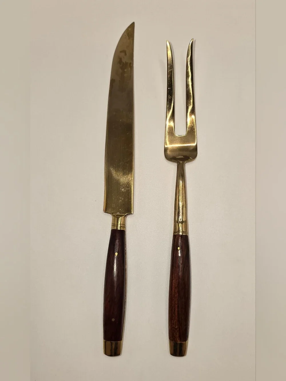 Mid-century Carving Knife & Fork Set Brass/Bronze Alloy with Teak Wood Handle